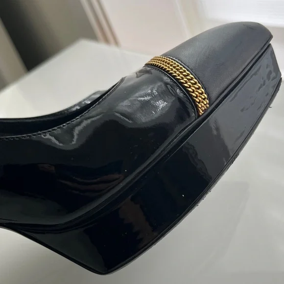 Saint Laurent Black Patent Leather Chain-Trim Platform Pumps Sz 38 - Picture 5 of 10